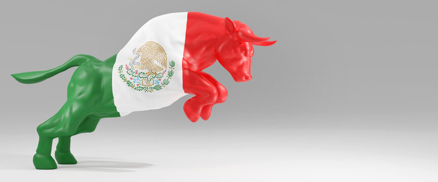 Horizontal banner of a bull with Mexico flag on plain empty grey background. Presentation background image with copy space represents Mexico bull stock market. 3d rendering	
