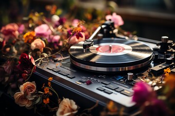 a record player with flowers
