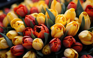 flowers in a market, close up Tulips flowers wallpaper , bouquet of colorful tulips