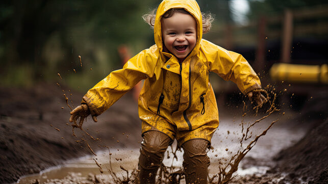 Happy little boy jumps in a puddle with rubber boots cute toddler jumping in a mud puddle.