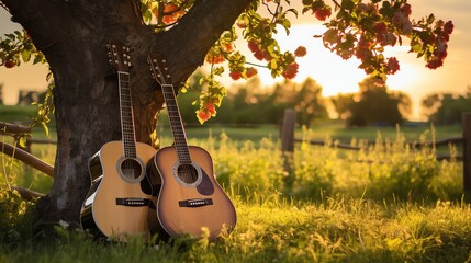two guitars leaning against a tree - Powered by Adobe