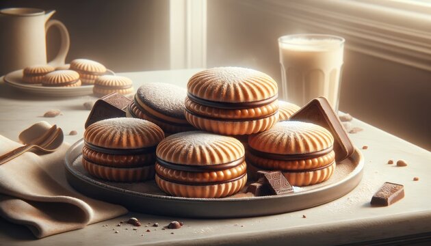 Assortimento di Alfajores argentini con Dulce de Leche, alcuni ricoperti di cioccolato, ideali per pubblicit&agrave;.
