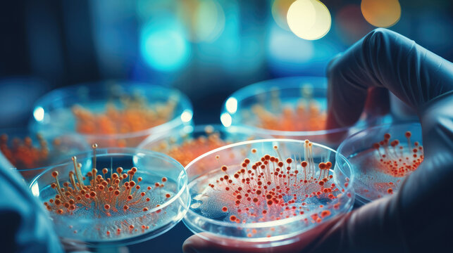 Scientist's hand  holding the bacteria colonies growing petri dish over bacteria plates background. Salmonella bacterial colonies on Salmonella-Shigella medium agar plate,Vibrio cholerae bacterial 