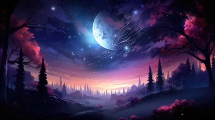 Fotobehang lanscape sky with stars,  Galaxy Moon Sky in Forest,starry sky. Misty hills, rising moon, dark forest, mountains © Planetz