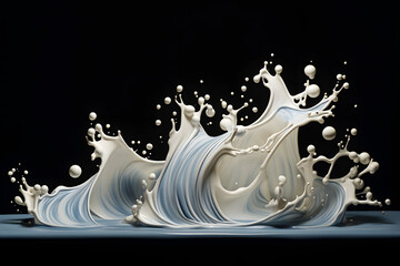 Milk waves into the air with many drops on a mysterious black background