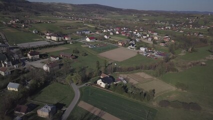 Biezdziadka, Poland - 4 9 2019: Panorama from a bird's eye view. Central Europe: The Polish village of Kolaczyce is located among the green hills. Temperate climate. Flight drones or quadrocopte