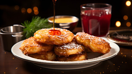 An appetizing picture of freshly fried latkes and sufganiyot, the delicious treats that add flavor...