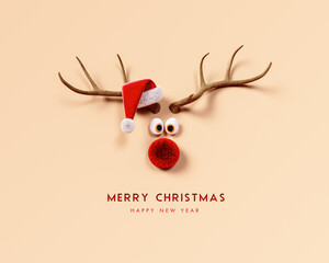 Reindeer with red nose and Santa hat on beige background. Christmas greeting card design with text. 3D Rendering, 3D Illustration