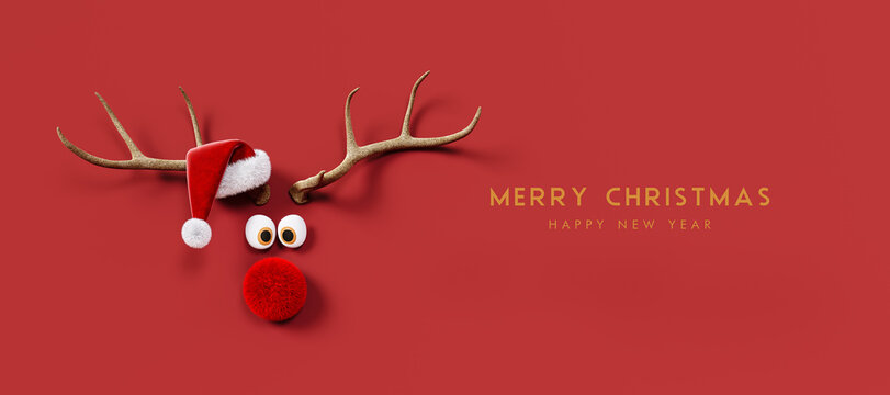 Reindeer with red nose and Santa hat on red background. Christmas greeting card design with text. 3D Rendering, 3D Illustration