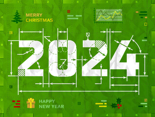 New Year 2024 as technical blueprint drawing. Drafting of 2024 on crumpled paper. Vector illustration for new years day, christmas, winter holiday, new years eve, engineering, silvester, etc