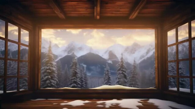 View from a wooden mountain watchtower on the spread of snow covered trees and mountain ranges, sunrise. A short video of beautiful white snow.