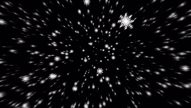 Beautiful loop falling moving white star flakes particles radial blurred animation on black abstract Background. Isolated with alpha channel Quicktime Prores 444 encode