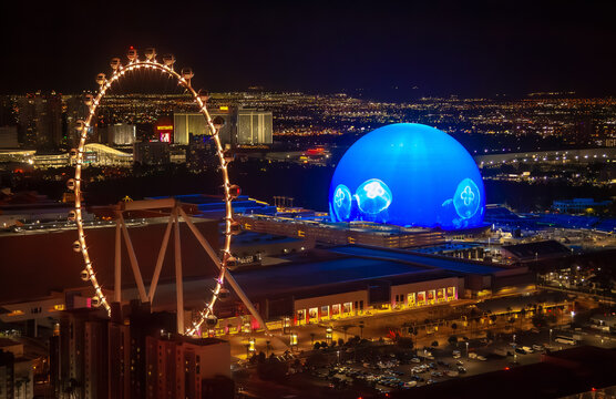 Las Vegas, Nevada, USA- November 7, 2023: The Sphere and High Roller at night in Vegas