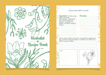 set of recipe book pages, a template for notes on the preparation of herbal tinctures, ointments, etc. - obrazy, fototapety, plakaty