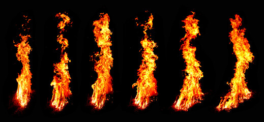 Set of 6 images of flames in the form of dragons and strange waves isolated on a black background, for use with specific backgrounds in designs.