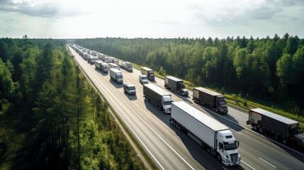 Large flow of trucks on the highway - obrazy, fototapety, plakaty