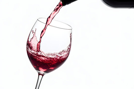 A striking image capturing the elegance of red wine being poured into a glass against a sophisticated white background