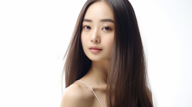 Elegant Asian Woman with Long Black Hair. A Studio Shot. Showcasing the health and shine of her hair against a white background.