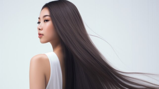 Elegant Asian Woman with Long Black Hair. A Studio Shot. Showcasing the health and shine of her hair against a white background