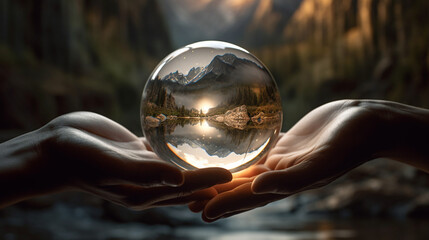 A hand gracefully holding a crystal ball, within which are swirling elements representing commitment, balance, participating, setting boundaries, and sustainability created with Generative Ai