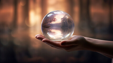 Fototapeta premium A hand gracefully holding a crystal ball, within which are swirling elements representing commitment, balance, participating, setting boundaries, and sustainability created with Generative Ai