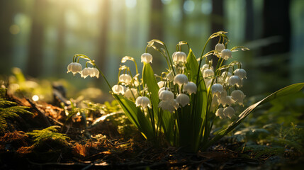 Spring flowers - snowdrops (Galanthus nivalis) blooming in a beautiful sunny day . Spring season