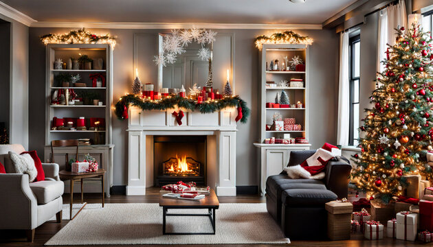 christmas fireplace with christmas tree