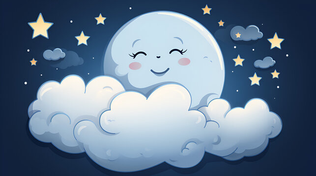 fluffy cloud floating in the sky with a smiling crescent moon as a pillow