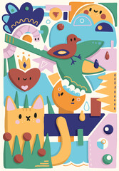 Obraz na płótnie Canvas Hand drawn colorful abstract kids poster, with abstract shapes, bird cat heart and worm