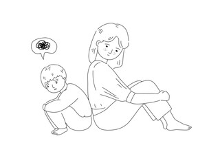 Sad boy sitting hugging knees with his mother sitting beside for listen him, outline vector illustration.