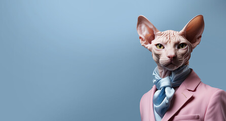 cat sphynx in a clothes listening to music