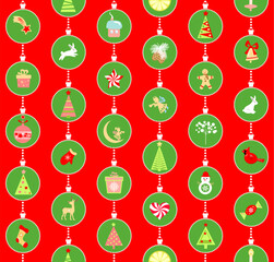 Craft red green Christmas holiday seamless wrapper with paper cutting snowman, angels, bunny, jingle bell, gift, mitten, sock, reindeer, gingerbread, candy, candle, firs and xmas tree