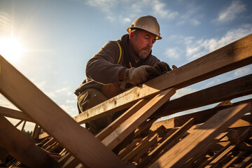 A carpenter worker is working hard on the construction site