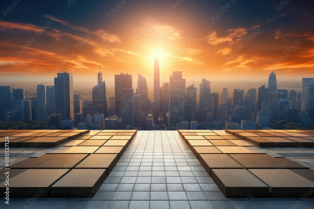Poster empty floor in front of city background