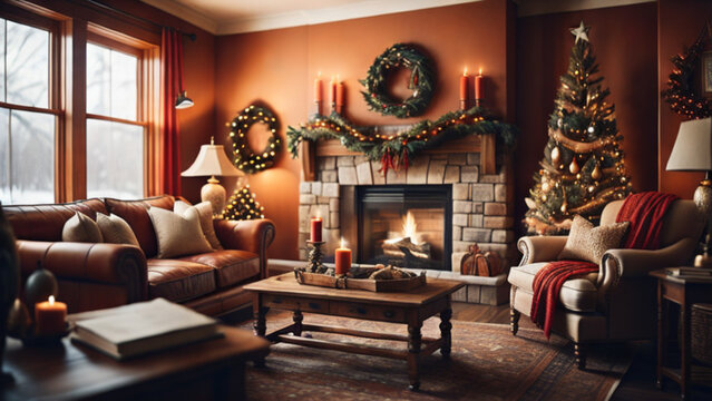 living room with fireplace and Christmas decoration 