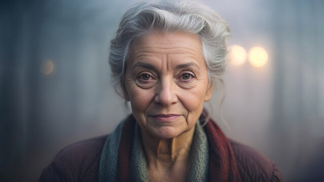 Close-up portrait of a sad, thoughtful elderly woman against the backdrop of city lights. Old age concept.