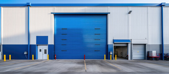 Front view of modern large factory warehouse door - obrazy, fototapety, plakaty
