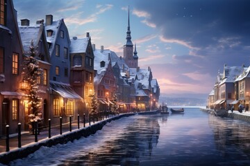 Fototapeta premium view of the old town country with snow