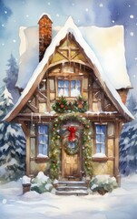 Fototapeta premium watercolor cottage under a soft snowfall, welcoming with its festive wreath