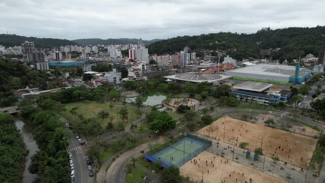 Drone video of Parque Ramiro Ruediger, public park in the city of Blumenau, state of Santa Catarina, Brazil