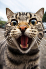 Fototapeta premium licking cat takes selfie, cute, fun, comic, realistic, low angle created with Generative Ai