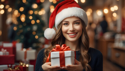 Fototapeta na wymiar young woman with gift box in Santa Claus hat in store, Christmas decorations on background