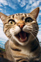 Obraz premium licking cat takes selfie, cute, fun, comic, realistic, low angle created with Generative Ai