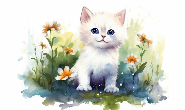 White little cat and spring flowers. Pets concept