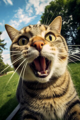 licking cat takes selfie, cute, fun, comic, realistic, low angle created with Generative Ai