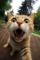 Obraz premium licking cat takes selfie, cute, fun, comic, realistic, low angle created with Generative Ai