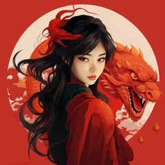 Asian girl with flower in her hair next to a dragon on a red background