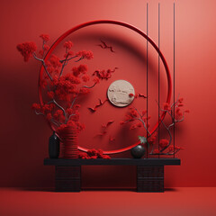 Chinese motifs on a red background in a minimalist style