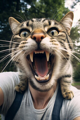 licking cat takes selfie, cute, fun, comic, realistic, low angle created with Generative Ai