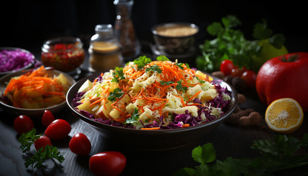 Cheese slaw salad prepared with grated cheese, grated carrot, red cabbage and a mayonnaise dressing. Horizontal image. 
